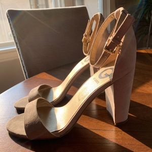 Tan Suede Ankle Strap Heel — Size 7